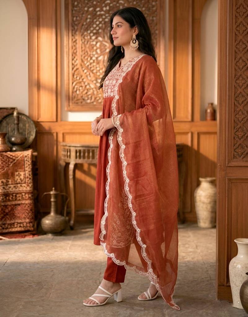 Rust cotton blend embroidered kurta sets