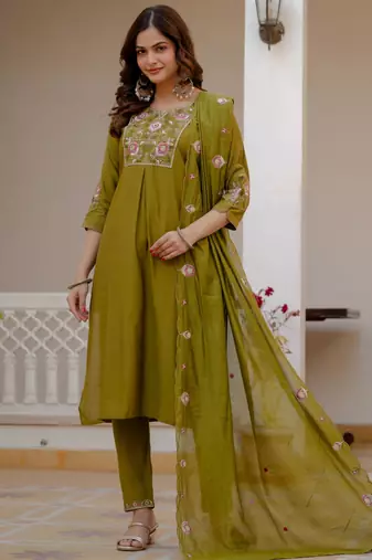Olive silk blend embroidered kurta sets
