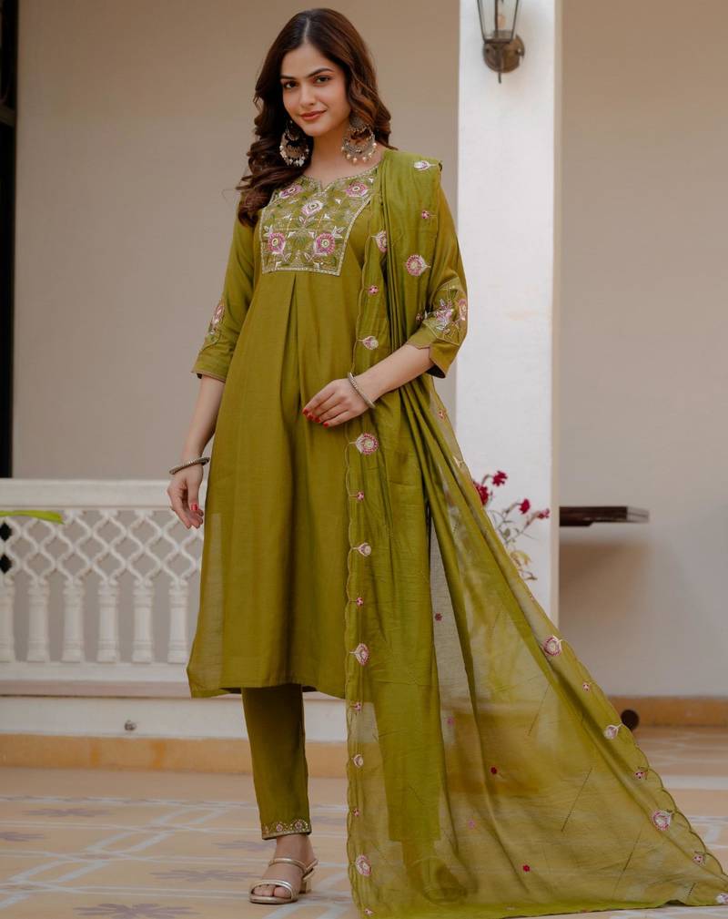 Olive silk blend embroidered kurta sets