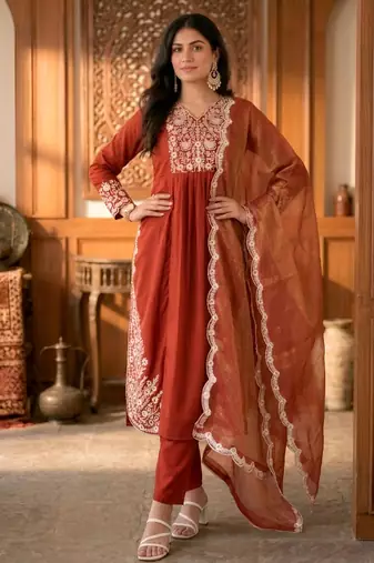 Rust cotton blend embroidered kurta sets