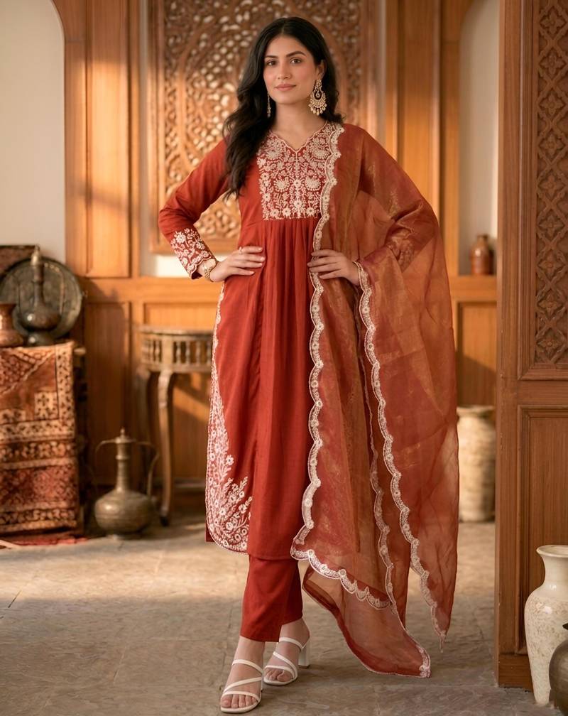Rust cotton blend embroidered kurta sets
