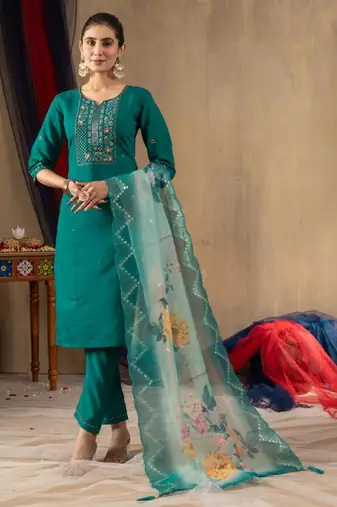 Teal green silk blend embroidered kurta sets