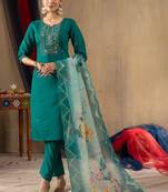 Teal green silk blend embroidered kurta sets