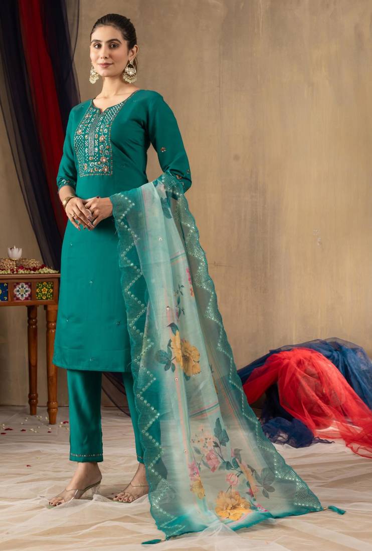 Teal green silk blend embroidered kurta sets