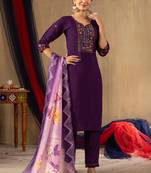 Purple silk blend embroidered kurta sets