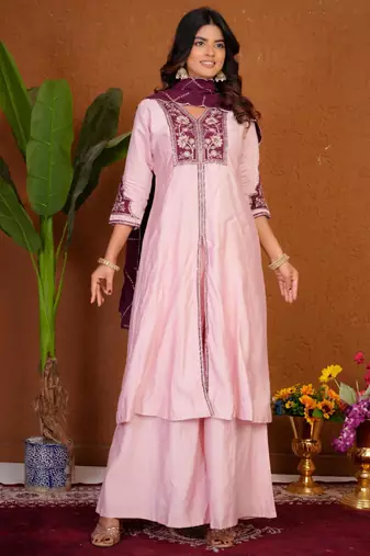 Lavender silk blend embroidered kurta sets