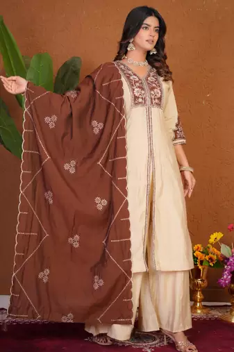 Beige silk blend embroidered kurta sets