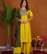 Yellow silk blend embroidered kurta sets