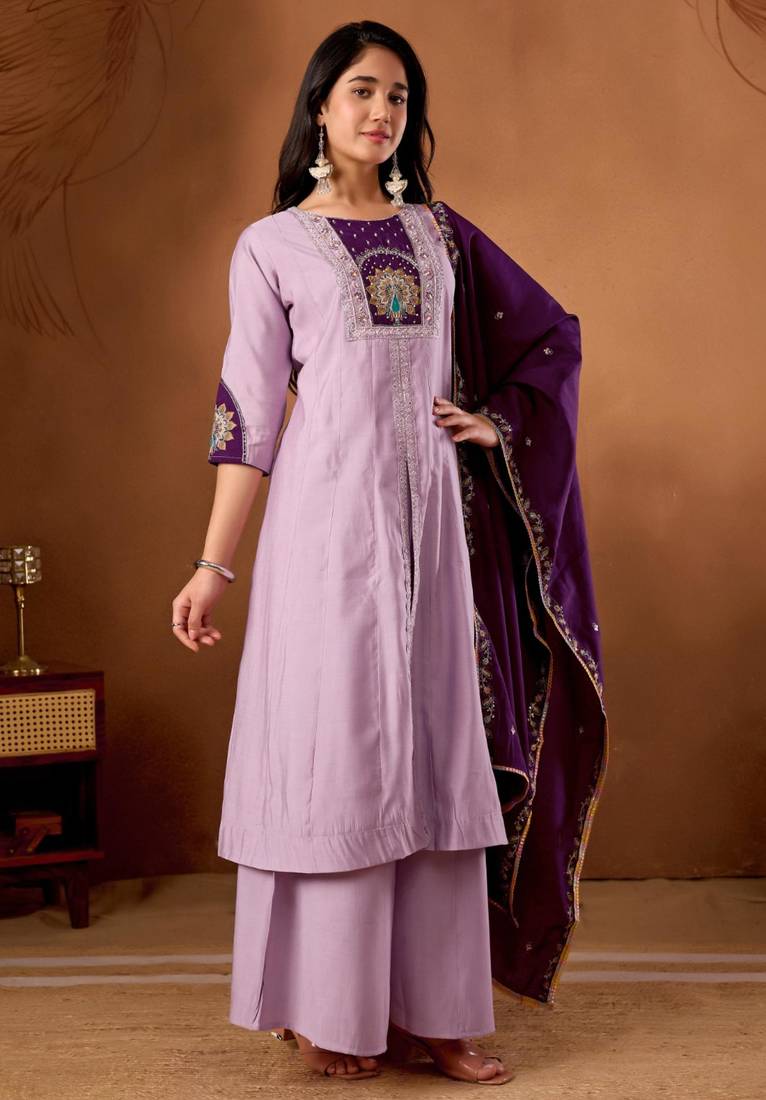 Lavender silk blend embroidered kurta sets