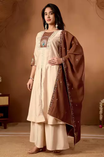 Beige silk blend embroidered kurta sets