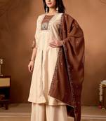 Beige silk blend embroidered kurta sets