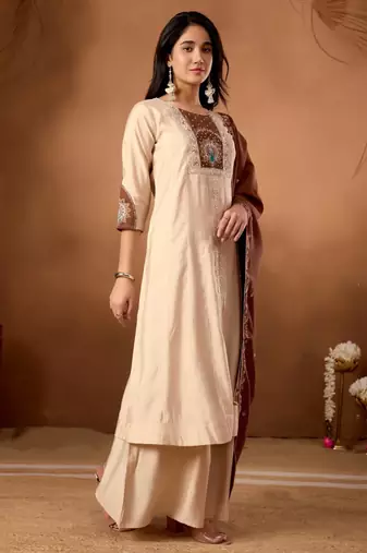 Beige silk blend embroidered kurta sets