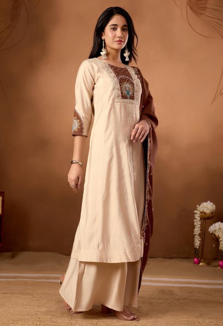 Beige silk blend embroidered kurta sets