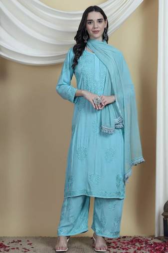 Blue rayon embroidered kurta sets