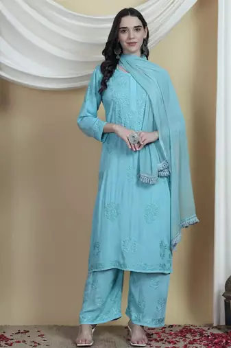 Blue rayon embroidered kurta sets