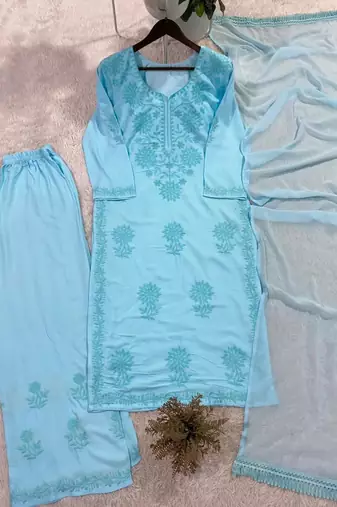 Blue rayon embroidered kurta sets