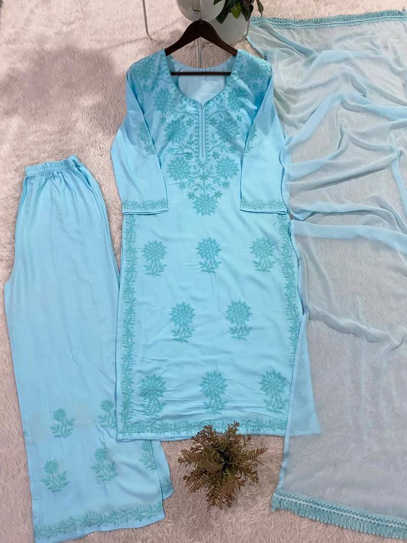 Blue rayon embroidered kurta sets
