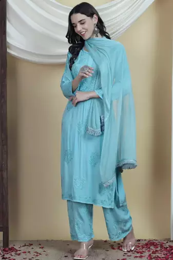 Blue rayon embroidered kurta sets