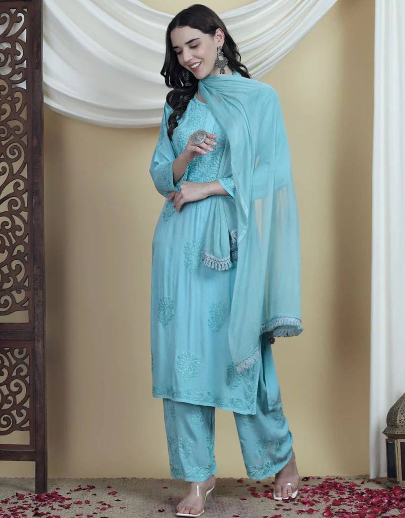 Blue rayon embroidered kurta sets