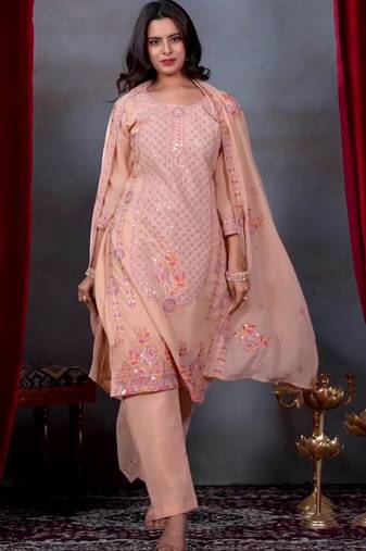 Peach georgette embroidered kurta sets