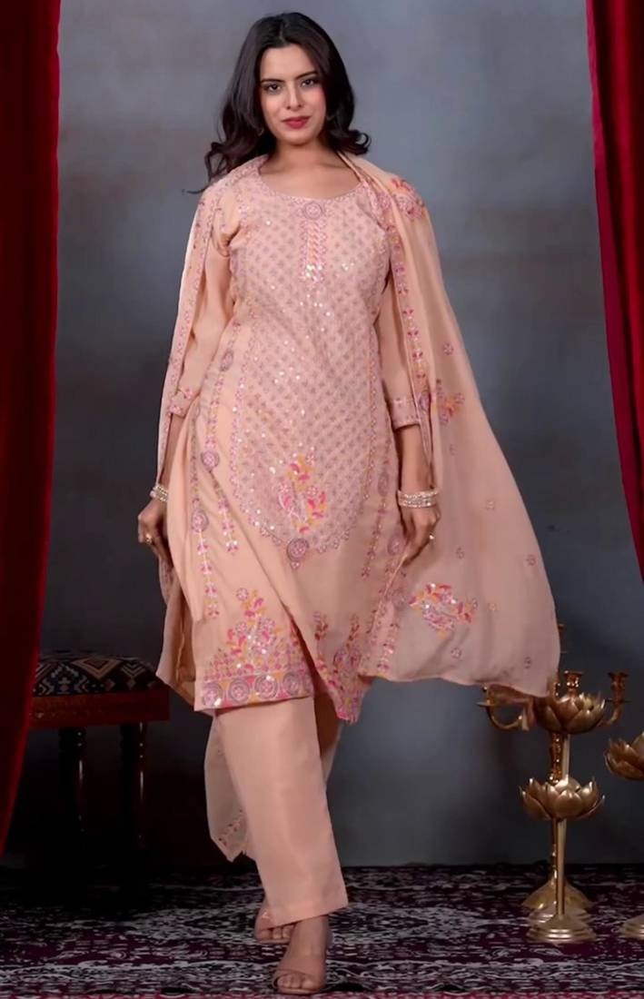 Peach georgette embroidered kurta sets