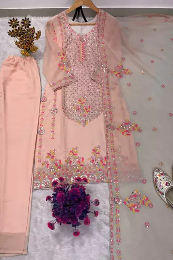 Peach georgette embroidered kurta sets