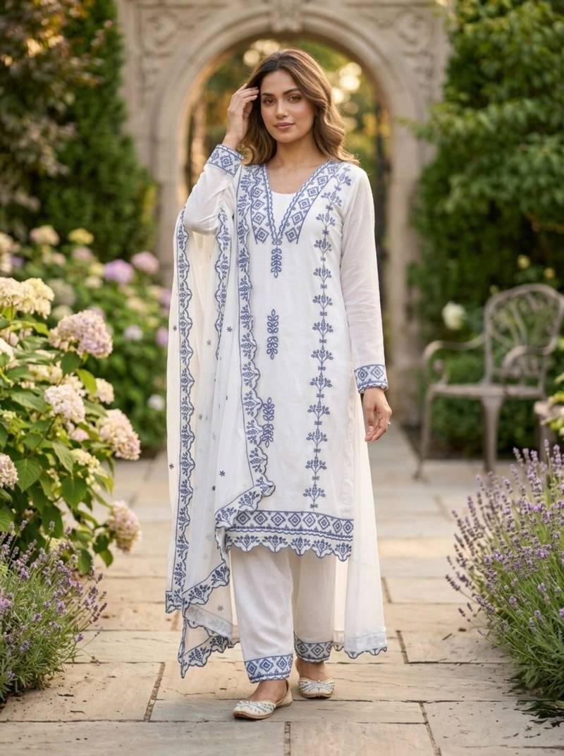 White georgette embroidered kurta sets