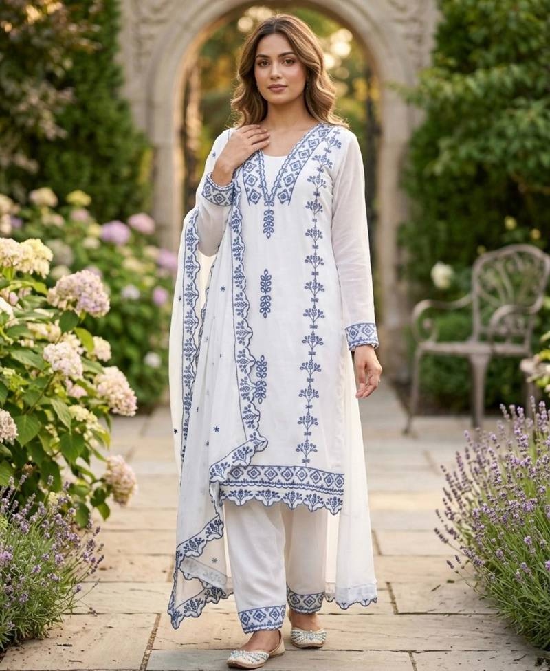 White georgette embroidered kurta sets