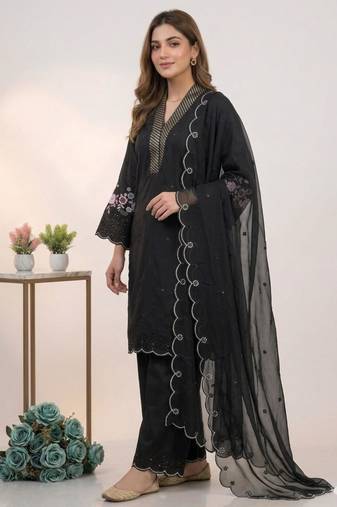Black chanderi embroidered kurta sets