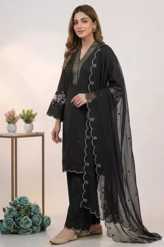 Black chanderi embroidered kurta sets