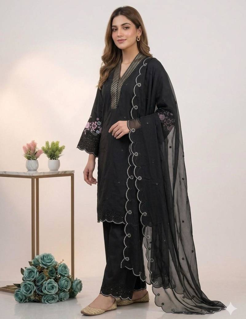 Black chanderi embroidered kurta sets
