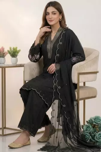 Black chanderi embroidered kurta sets