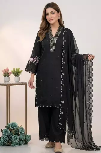 Black chanderi embroidered kurta sets
