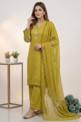 Mustard chanderi embroidered kurta sets