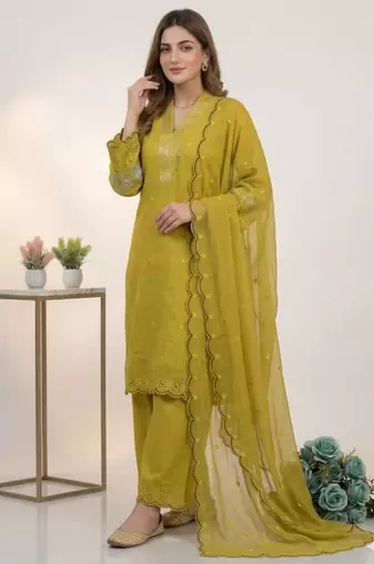 Mustard chanderi embroidered kurta sets