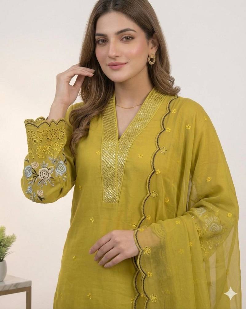 Mustard chanderi embroidered kurta sets