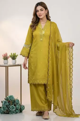 Mustard chanderi embroidered kurta sets