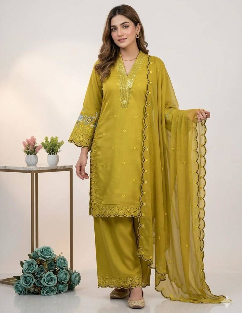 Mustard chanderi embroidered kurta sets