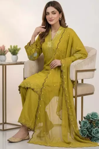 Mustard chanderi embroidered kurta sets