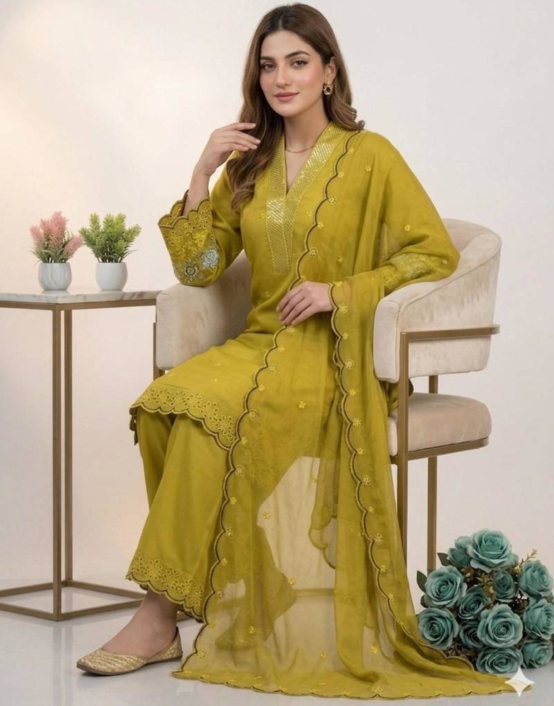 Mustard chanderi embroidered kurta sets