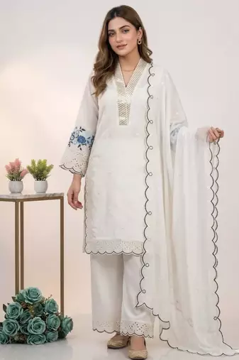 White chanderi embroidered kurta sets