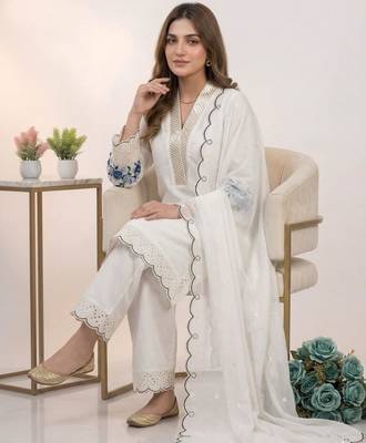 White chanderi embroidered kurta sets 2