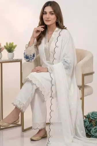 White chanderi embroidered kurta sets