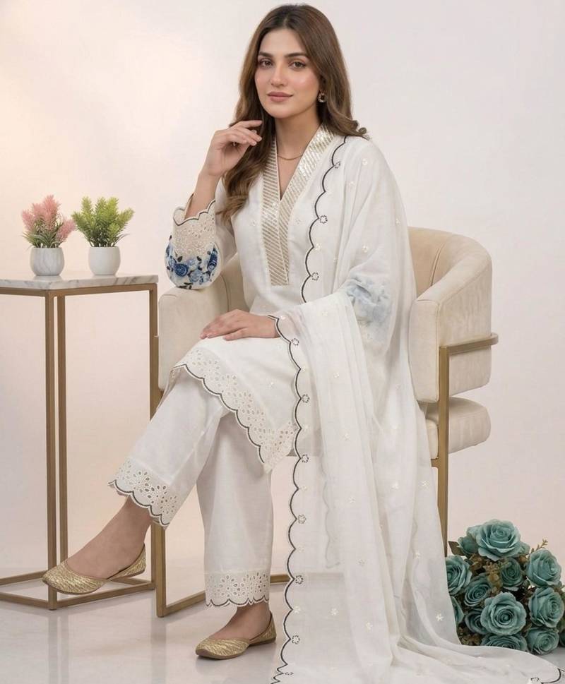 White chanderi embroidered kurta sets