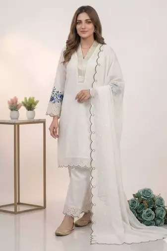 White chanderi embroidered kurta sets
