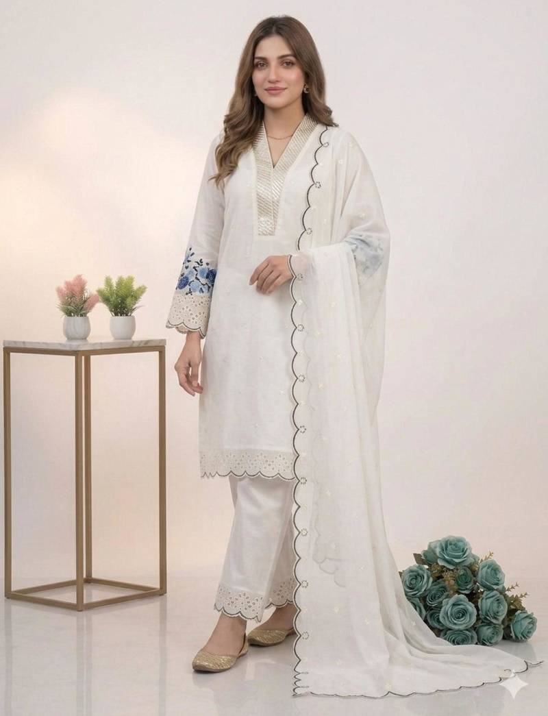 White chanderi embroidered kurta sets