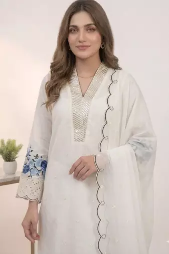 White chanderi embroidered kurta sets