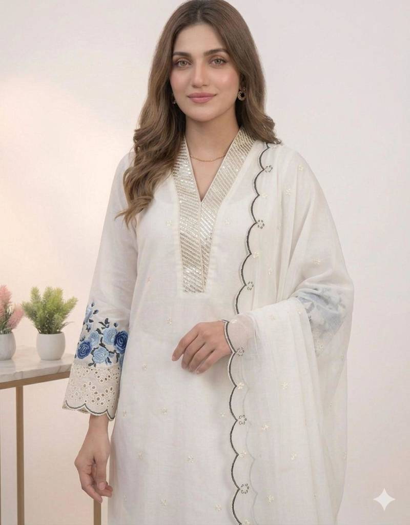 White chanderi embroidered kurta sets
