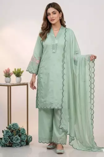 Green chanderi embroidered kurta sets