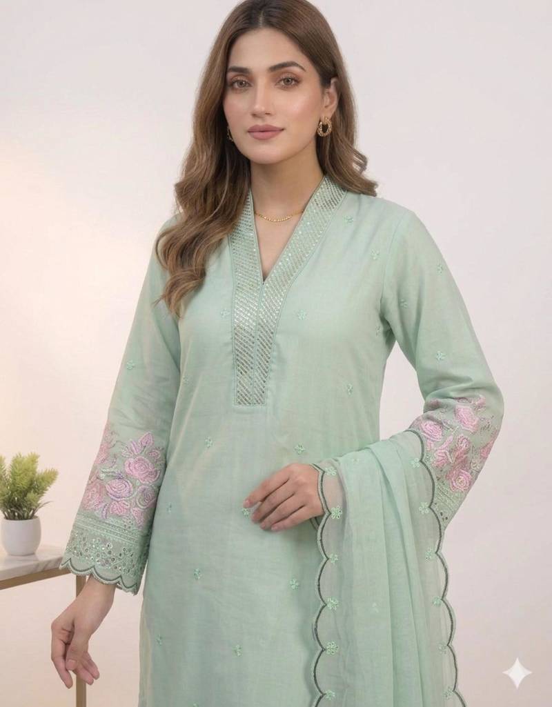 Green chanderi embroidered kurta sets